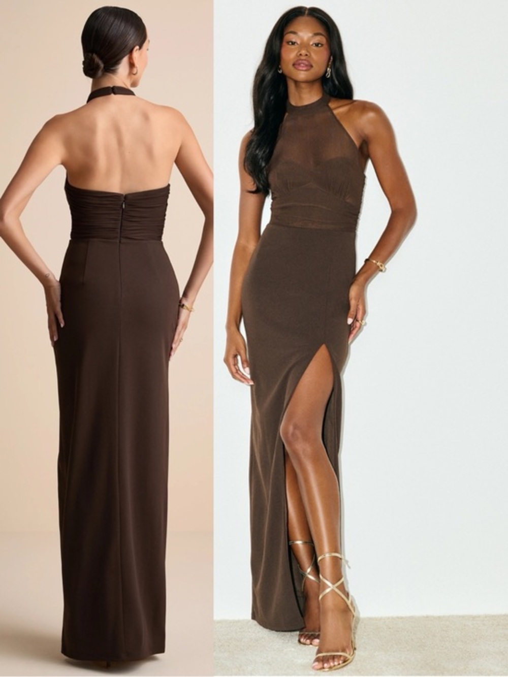NWT Lulu’s Baani Dark Brown Column Halter Maxi Dress XS Feminine Chic Romantic